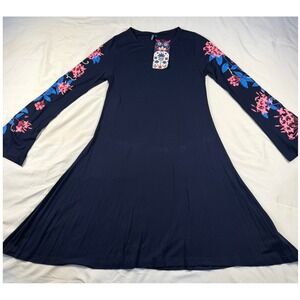 NWT Chumbak Navy‎ Blue Long Sleeve Dress Floral Print Owl Boho WhimsIcal Medium